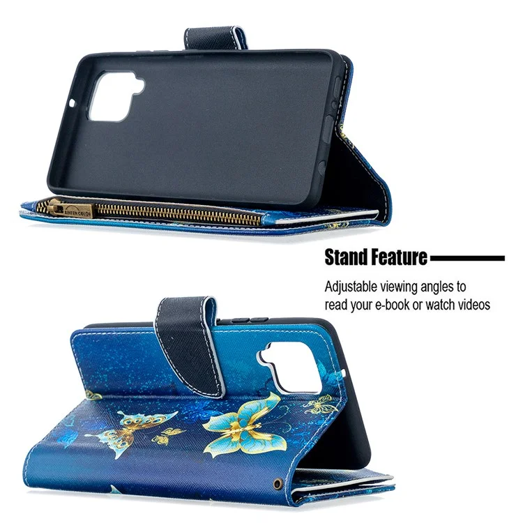 Étui de téléphone en cuir avec fermeture éclair et imprimé papillon pour Samsung Galaxy A42 5G - Beau papillon