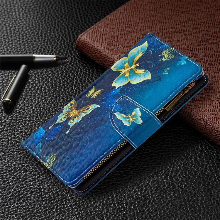 BF03 Musterdruck Reißverschluss Brieftasche Leder Telefon Fall Für Samsung Galaxy A42 5G - Schöner Schmetterling