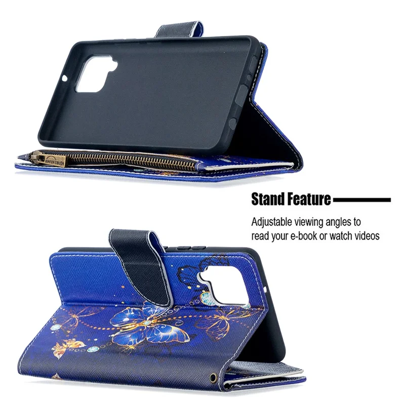 BF03 Pattern Printing Zipper Wallet Leather Phone Case for Samsung Galaxy A42 5G - Gold Butterfly