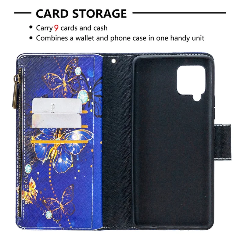 BF03 Pattern Printing Zipper Wallet Leather Phone Case for Samsung Galaxy A42 5G - Gold Butterfly