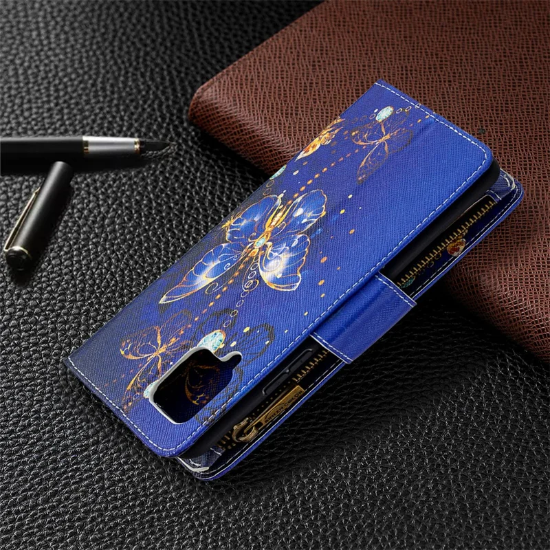 BF03 Pattern Printing Zipper Wallet Leather Phone Case for Samsung Galaxy A42 5G - Gold Butterfly