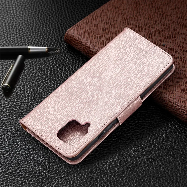 Plain Litchi Stand Stand Leather Carthe Tampa da Capa da Capa Para Samsung Galaxy A42 5G - Rosa Ouro