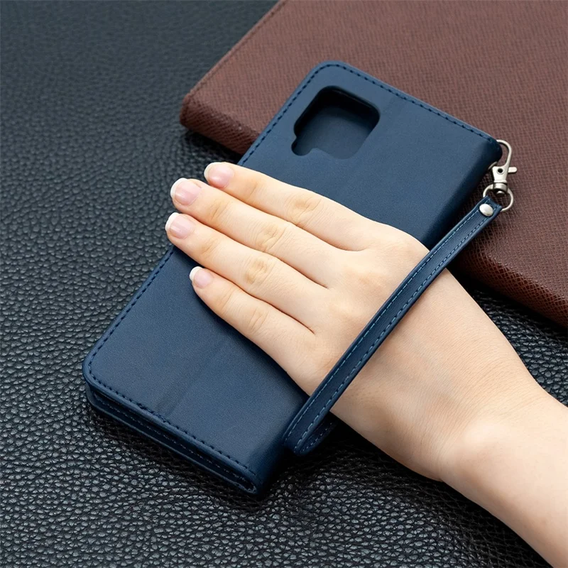 Plain PU Leather Wallet Phone Cover Shell for Samsung Galaxy A42 5G - Blue