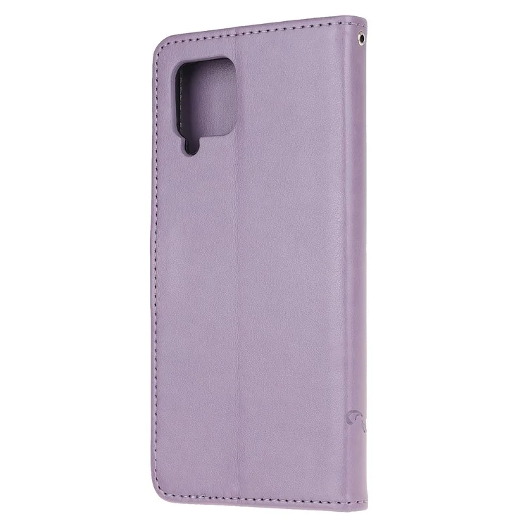 Imprint Butterfly Flowers Leather Shell Wallet Phone Case for Samsung Galaxy A42 5G - Light Purple