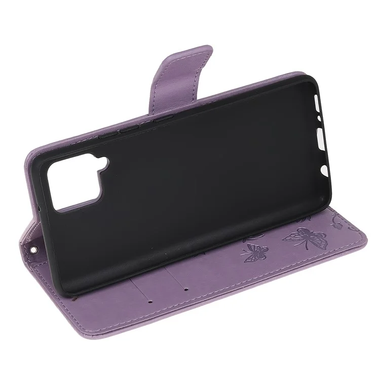 Imprint Butterfly Flores Couro De Couro Carteira Phone Case Para Samsung Galaxy A42 5G - Luz Roxa