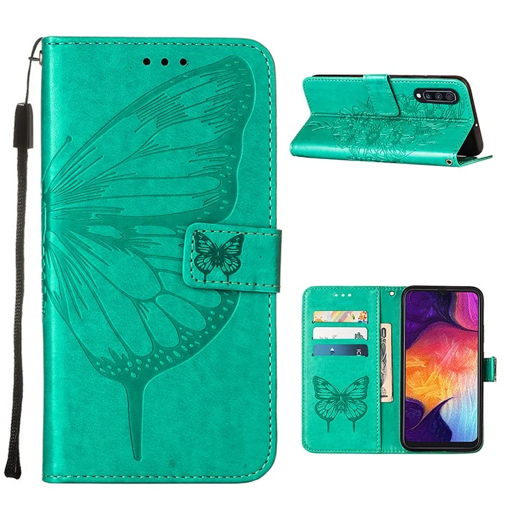 Butterfly Imprinting Leather Wallet Stand Phone Case with Hand Strap for Samsung Galaxy A30s/A50/A50s - Green