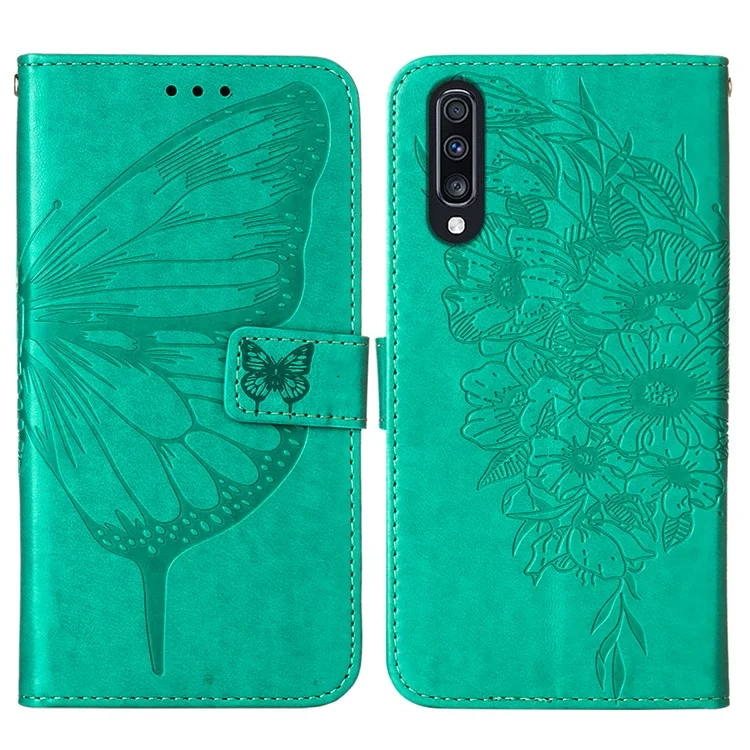 Butterfly Imprinting Leather Wallet Stand Phone Case with Hand Strap for Samsung Galaxy A30s/A50/A50s - Green