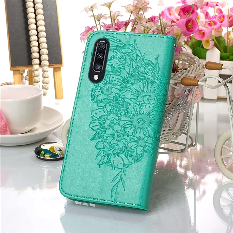 Butterfly Imprinting Leather Wallet Stand Phone Case with Hand Strap for Samsung Galaxy A30s/A50/A50s - Green