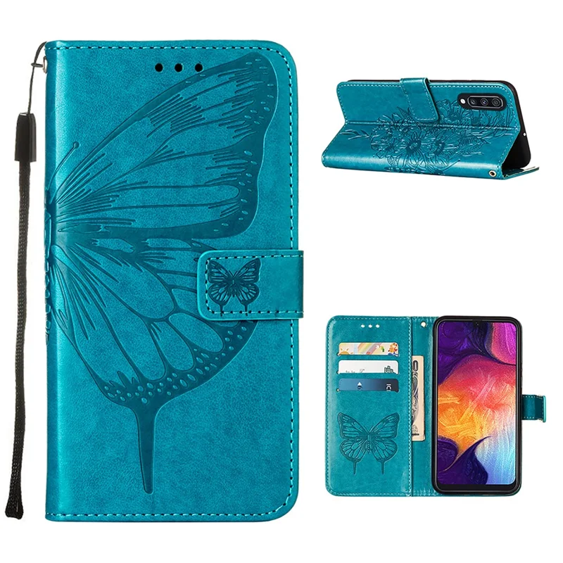 Butterfly Imprinting Leather Wallet Stand Phone Case with Hand Strap for Samsung Galaxy A30s/A50/A50s - Blue