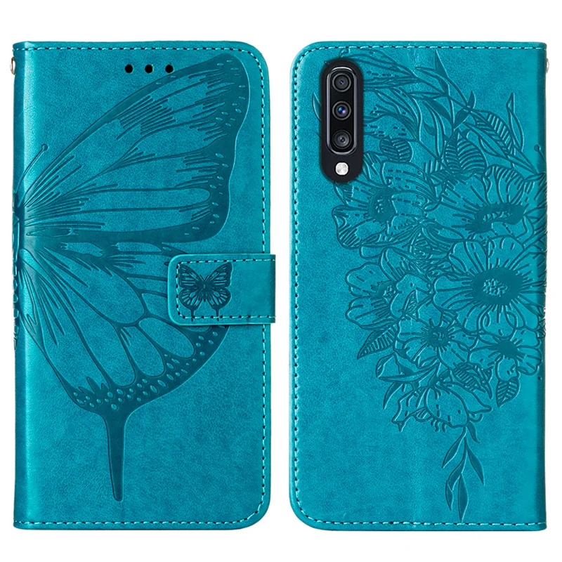 Butterfly Imprinting Leather Wallet Stand Phone Case with Hand Strap for Samsung Galaxy A30s/A50/A50s - Blue