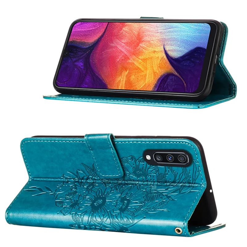 Butterfly Imprinting Leather Wallet Stand Phone Case with Hand Strap for Samsung Galaxy A30s/A50/A50s - Blue