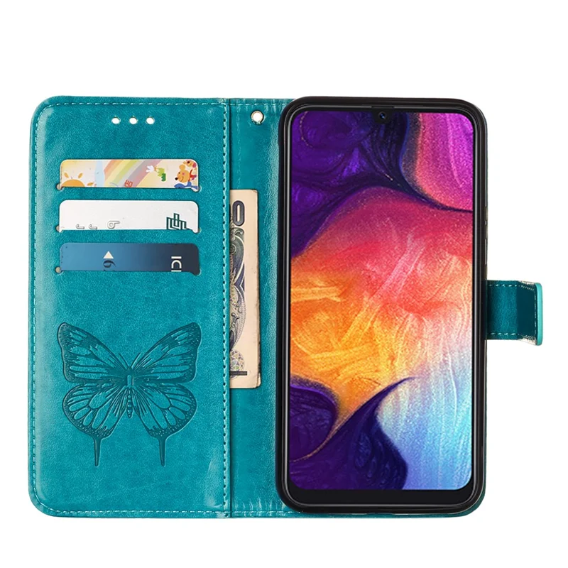 Butterfly Imprinting Leather Wallet Stand Phone Case with Hand Strap for Samsung Galaxy A30s/A50/A50s - Blue