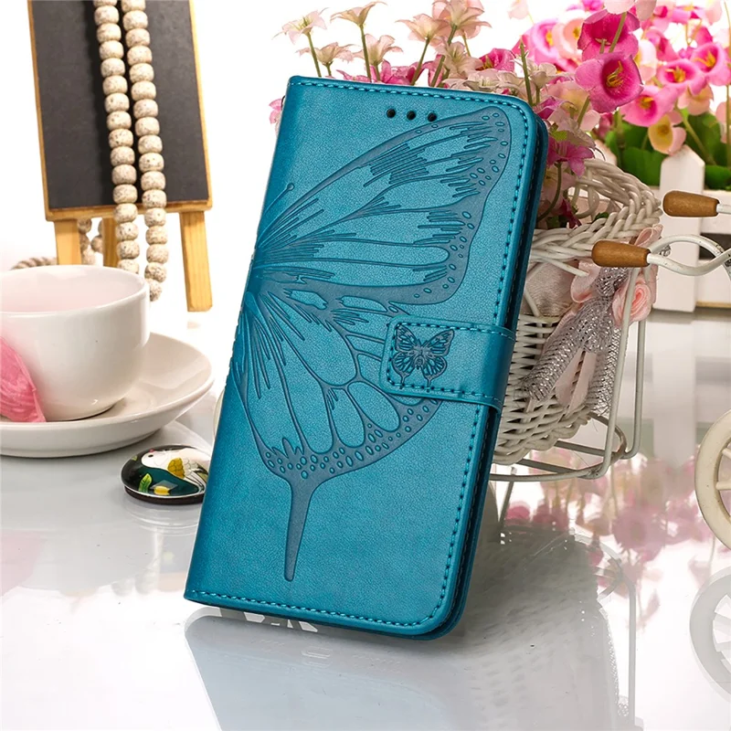 Butterfly Imprinting Leather Wallet Stand Phone Case with Hand Strap for Samsung Galaxy A30s/A50/A50s - Blue