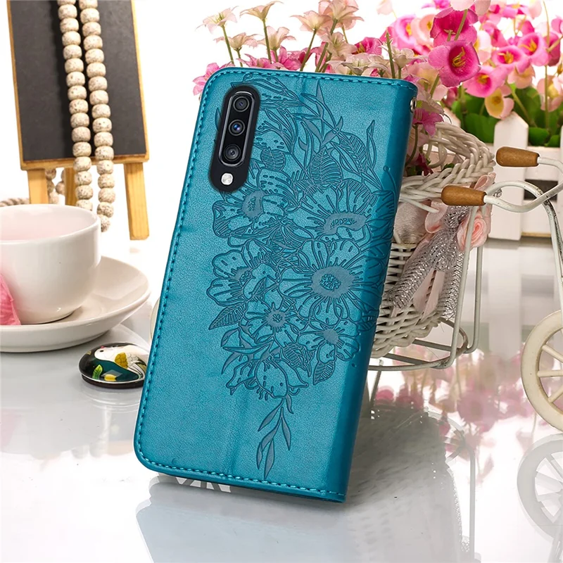 Butterfly Imprinting Leather Wallet Stand Phone Case with Hand Strap for Samsung Galaxy A30s/A50/A50s - Blue