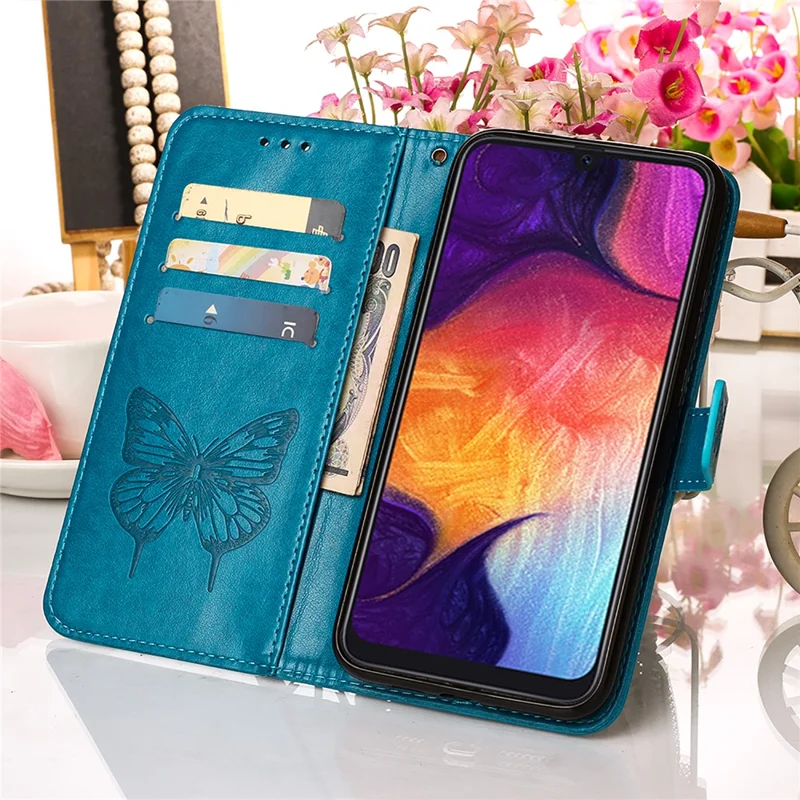 Butterfly Imprinting Leather Wallet Stand Phone Case with Hand Strap for Samsung Galaxy A30s/A50/A50s - Blue