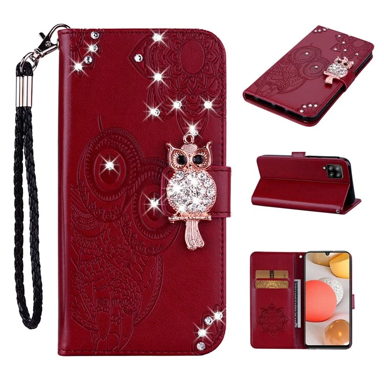 Rhinestone Decoration Imprint Owl Leather Shell Wallet Stand Phone Cover for Samsung Galaxy A42 5G - Red