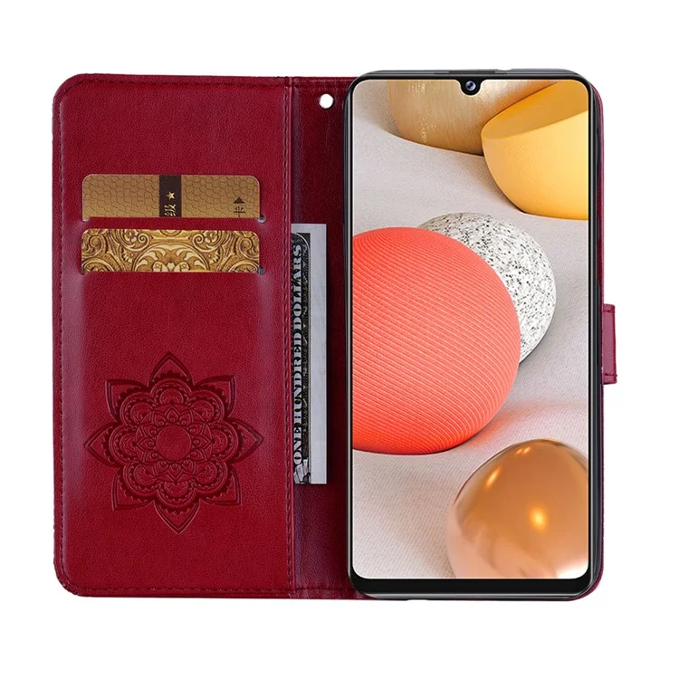 Rhinestone Decoration Imprint Owl Leather Shell Wallet Stand Phone Cover for Samsung Galaxy A42 5G - Red