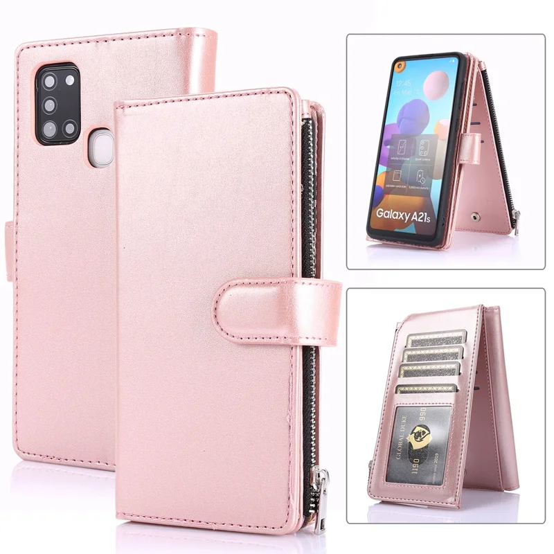 Leather Phone Cover Shell with Nine Card Slots and Zippered Cash Pocket for Samsung Galaxy A21s - Rose Gold
