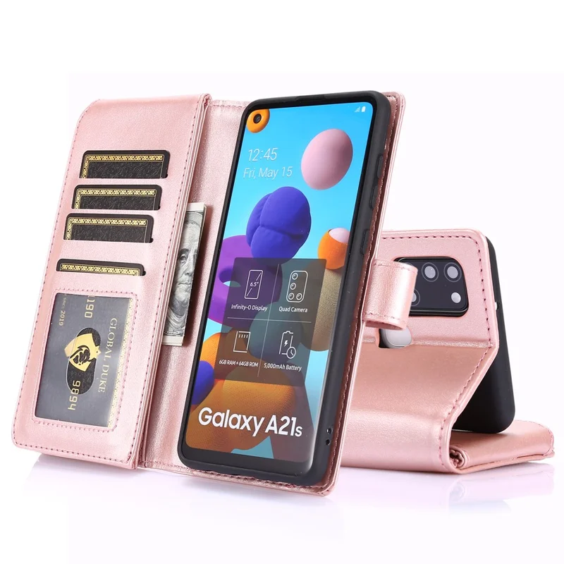 Leather Phone Cover Shell with Nine Card Slots and Zippered Cash Pocket for Samsung Galaxy A21s - Rose Gold