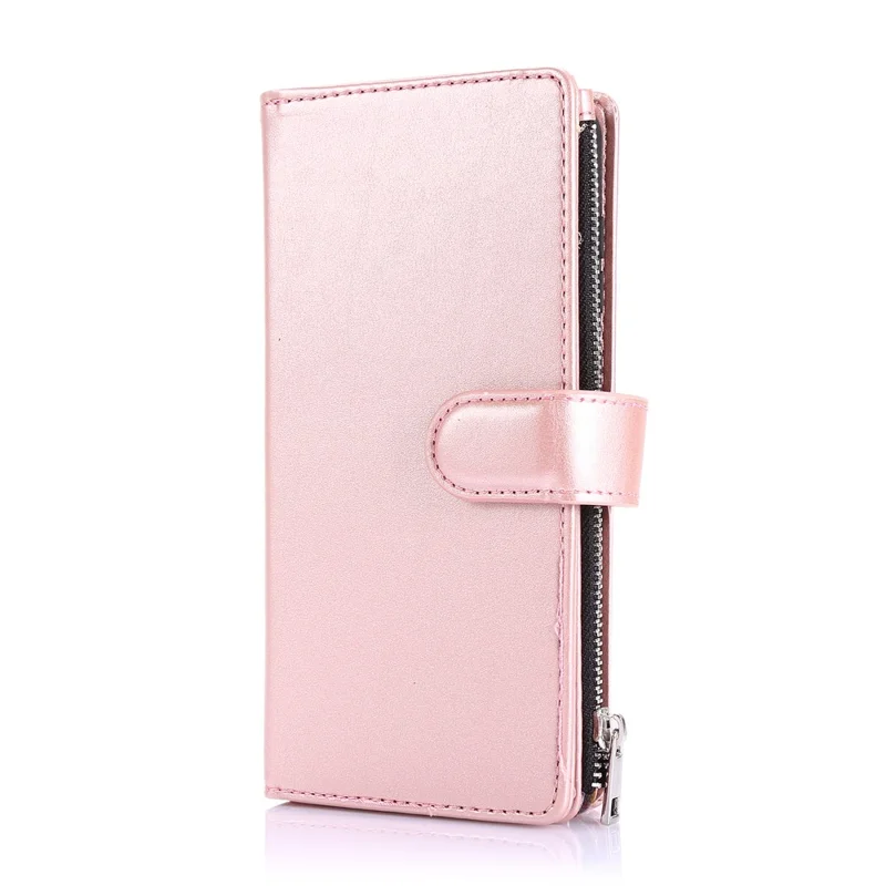 Leather Phone Cover Shell with Nine Card Slots and Zippered Cash Pocket for Samsung Galaxy A21s - Rose Gold
