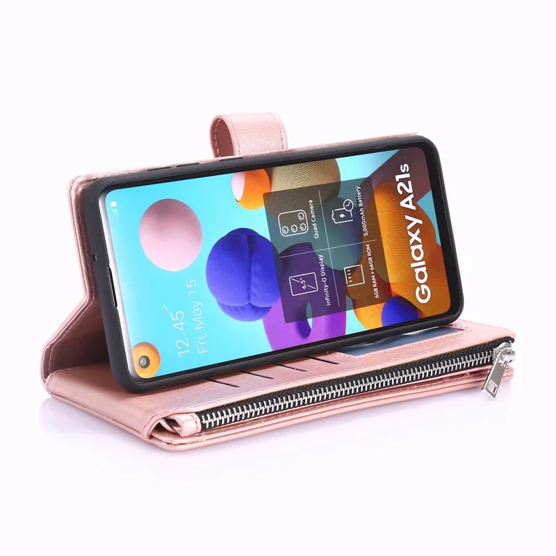 Leather Phone Cover Shell with Nine Card Slots and Zippered Cash Pocket for Samsung Galaxy A21s - Rose Gold