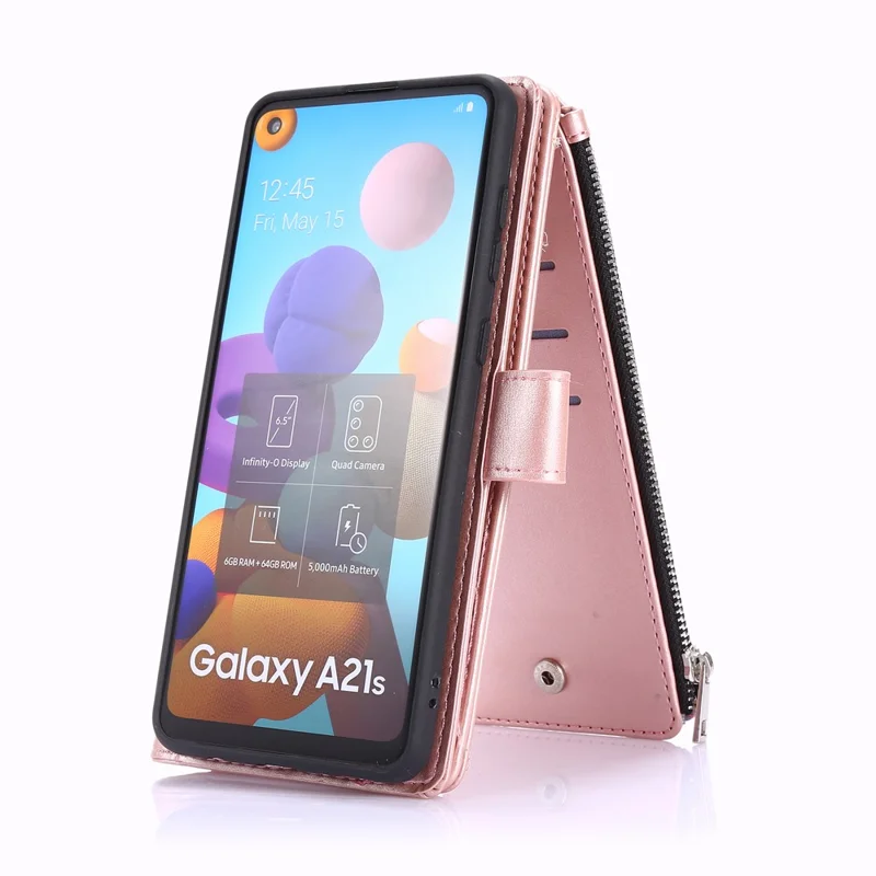 Leather Phone Cover Shell with Nine Card Slots and Zippered Cash Pocket for Samsung Galaxy A21s - Rose Gold