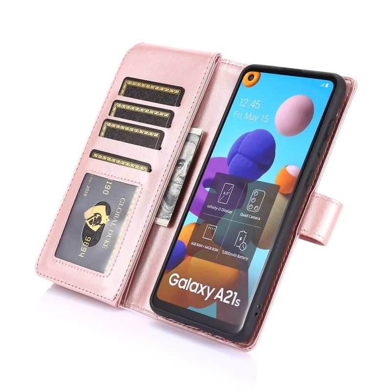 Leather Phone Cover Shell with Nine Card Slots and Zippered Cash Pocket for Samsung Galaxy A21s - Rose Gold