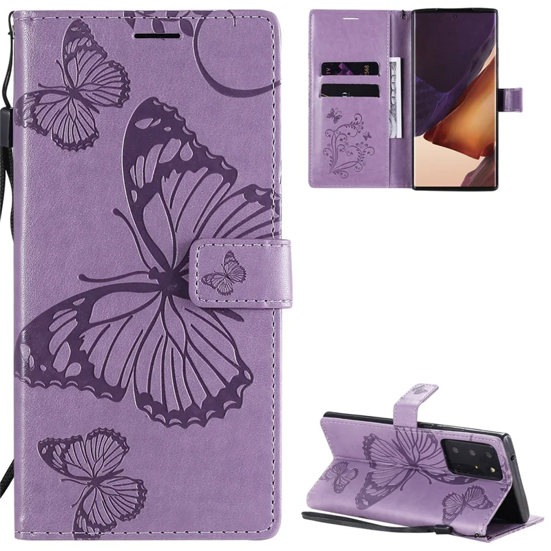 For Samsung Galaxy Note 20 Ultra / Note 20 Ultra 5G Wallet Case Floral Butterfly Imprinted Leather Phone Cover Stand - Purple