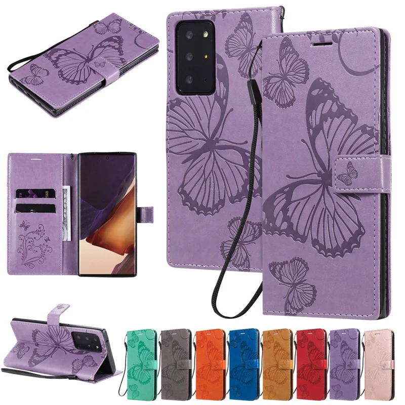 For Samsung Galaxy Note 20 Ultra / Note 20 Ultra 5G Wallet Case Floral Butterfly Imprinted Leather Phone Cover Stand - Purple