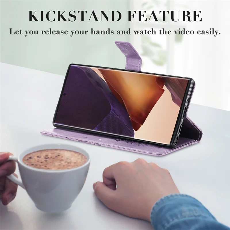 For Samsung Galaxy Note 20 Ultra / Note 20 Ultra 5G Wallet Case Floral Butterfly Imprinted Leather Phone Cover Stand - Purple