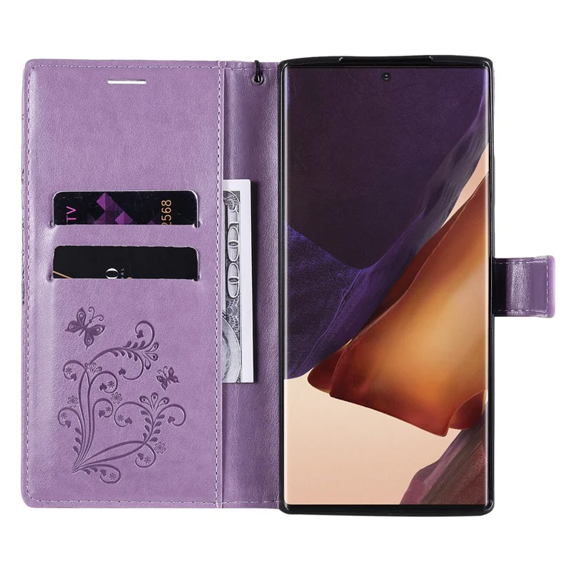 For Samsung Galaxy Note 20 Ultra / Note 20 Ultra 5G Wallet Case Floral Butterfly Imprinted Leather Phone Cover Stand - Purple