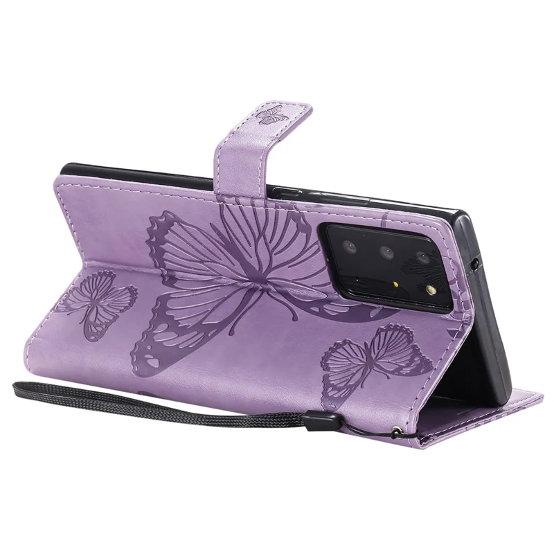 For Samsung Galaxy Note 20 Ultra / Note 20 Ultra 5G Wallet Case Floral Butterfly Imprinted Leather Phone Cover Stand - Purple