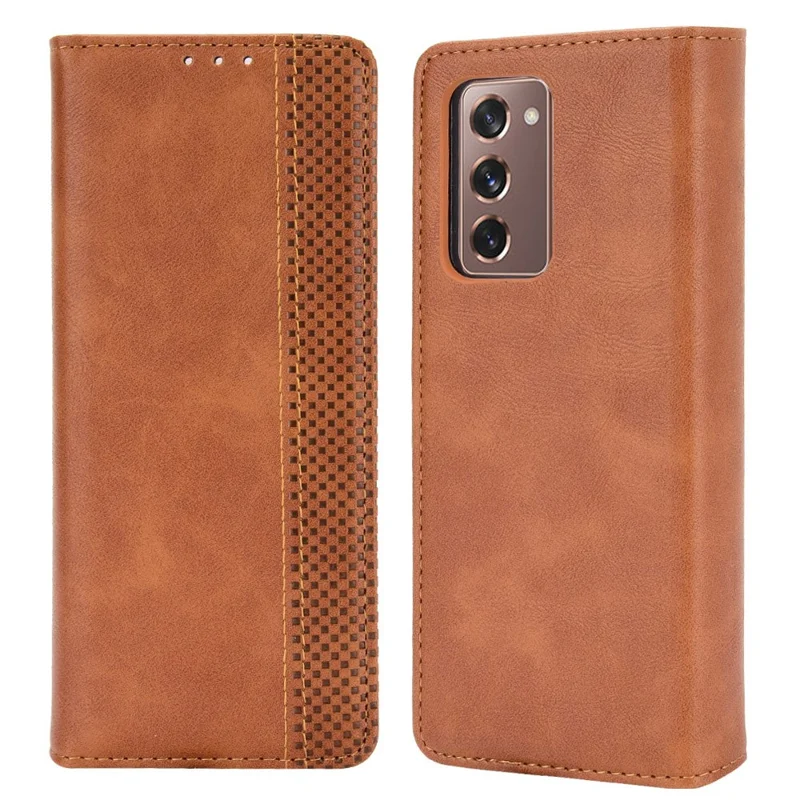 Magnetic Buckle Plaid Decor Phone Protective Shell for Samsung Galaxy Z Fold2 5G - Brown