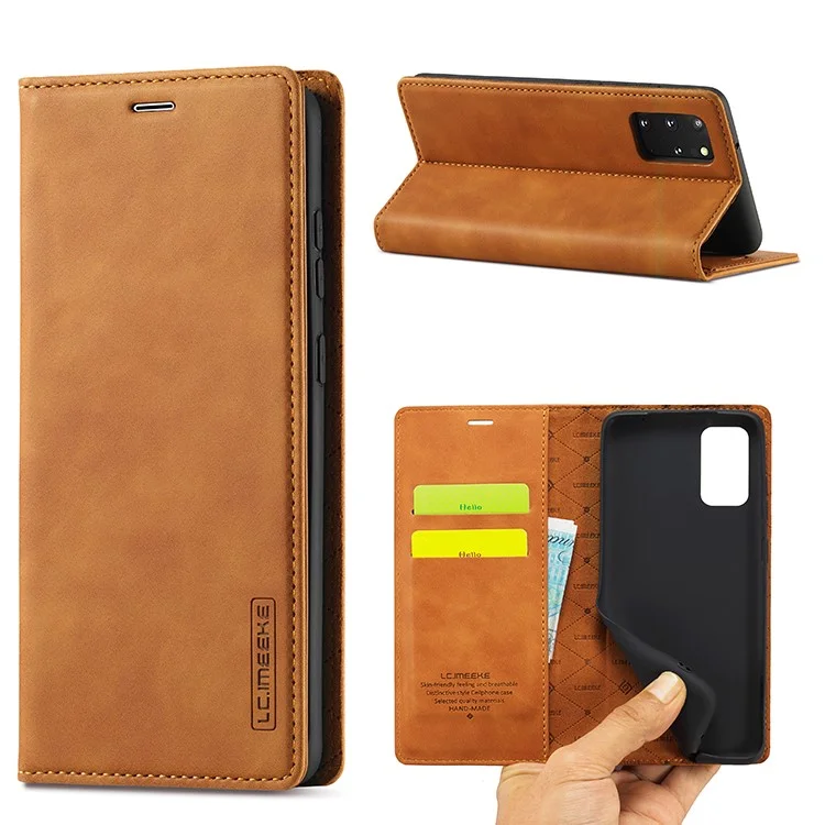 LC.IMEEKE Auto-Absorbed Leather Wallet Stand Phone Protective Shell with Wallet Stand for Samsung Galaxy S20 Plus/S20 Plus 5G - Light Brown