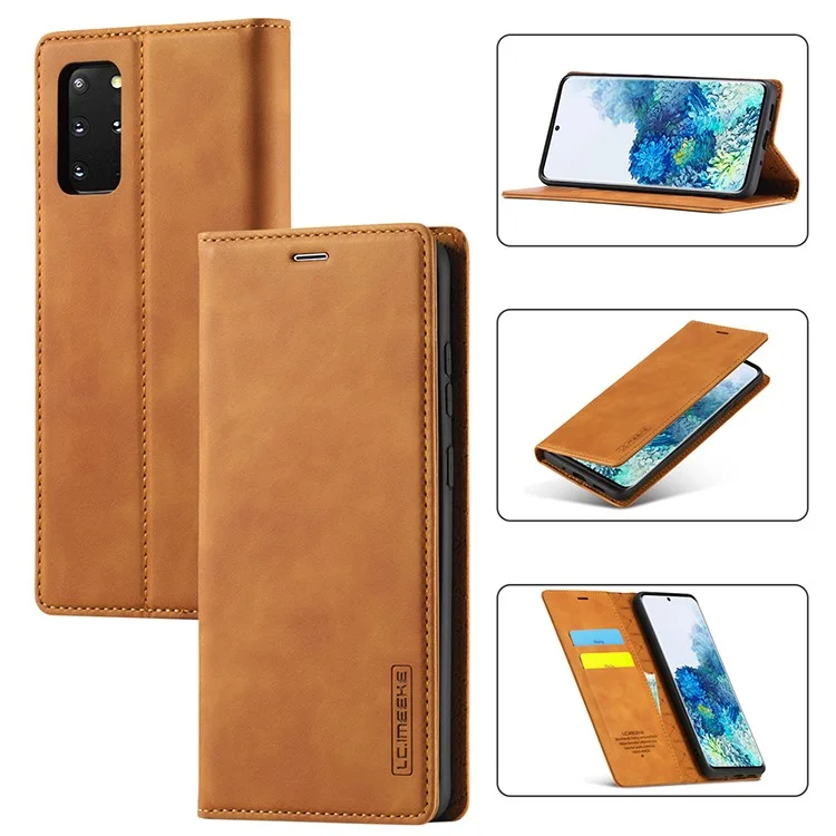 LC.IMEEKE Auto-Absorbed Leather Wallet Stand Phone Protective Shell with Wallet Stand for Samsung Galaxy S20 Plus/S20 Plus 5G - Light Brown