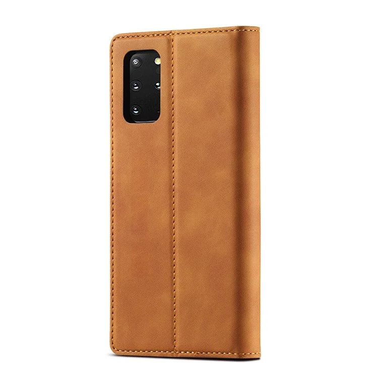 LC.IMEEKE Auto-Absorbed Leather Wallet Stand Phone Protective Shell with Wallet Stand for Samsung Galaxy S20 Plus/S20 Plus 5G - Light Brown