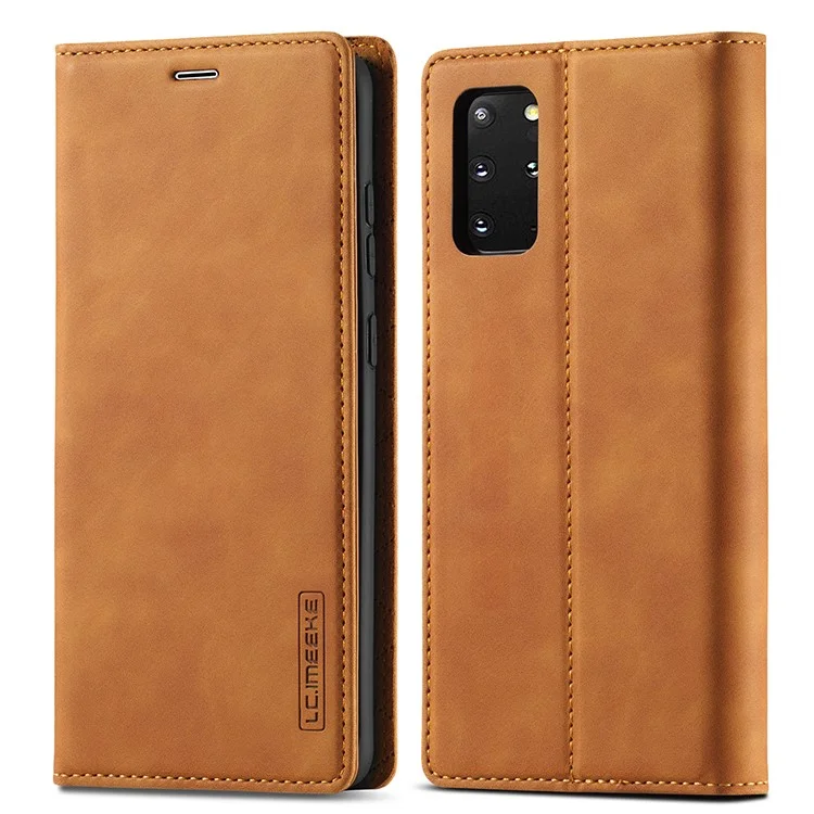 LC.IMEEKE Auto-Absorbed Leather Wallet Stand Phone Protective Shell with Wallet Stand for Samsung Galaxy S20 Plus/S20 Plus 5G - Light Brown