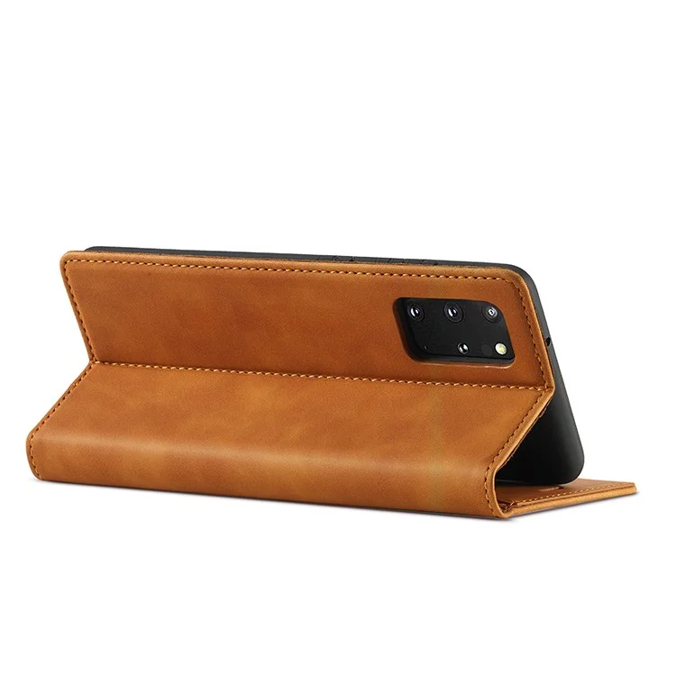 LC.IMEEKE Auto-Absorbed Leather Wallet Stand Phone Protective Shell with Wallet Stand for Samsung Galaxy S20 Plus/S20 Plus 5G - Light Brown