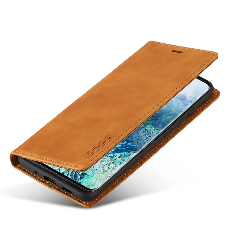 LC.IMEEKE Auto-Absorbed Leather Wallet Stand Phone Protective Shell with Wallet Stand for Samsung Galaxy S20 Plus/S20 Plus 5G - Light Brown