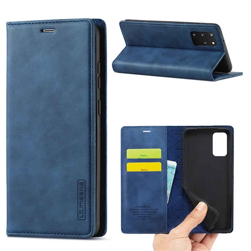 LC.IMEEKE Auto-Absorbed Leather Wallet Stand Phone Protective Shell with Wallet Stand for Samsung Galaxy S20 Plus/S20 Plus 5G - Blue
