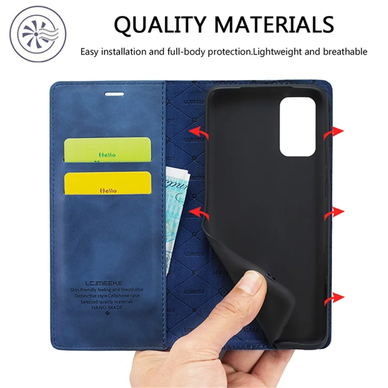 LC.IMEEKE Auto-Absorbed Leather Wallet Stand Phone Protective Shell with Wallet Stand for Samsung Galaxy S20 Plus/S20 Plus 5G - Blue