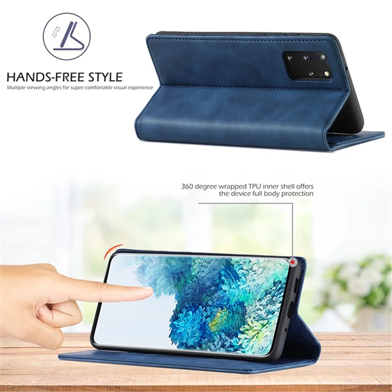 LC.IMEEKE Auto-Absorbed Leather Wallet Stand Phone Protective Shell with Wallet Stand for Samsung Galaxy S20 Plus/S20 Plus 5G - Blue