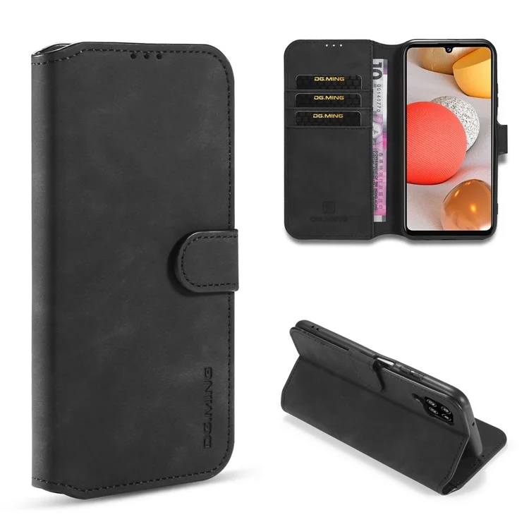DG.MING Retro Style Leather Wallet Stand Phone Cover para Samsung Galaxy A42 5G - Preto