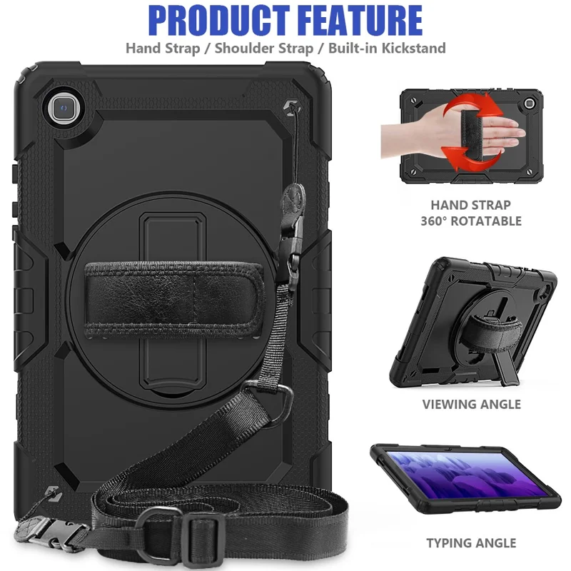 Coque de tablette pivotante à 360 degrés avec sangle d'épaule pour Samsung Galaxy Tab A7 10,4 (2020) / (2022) - Noir/Noir