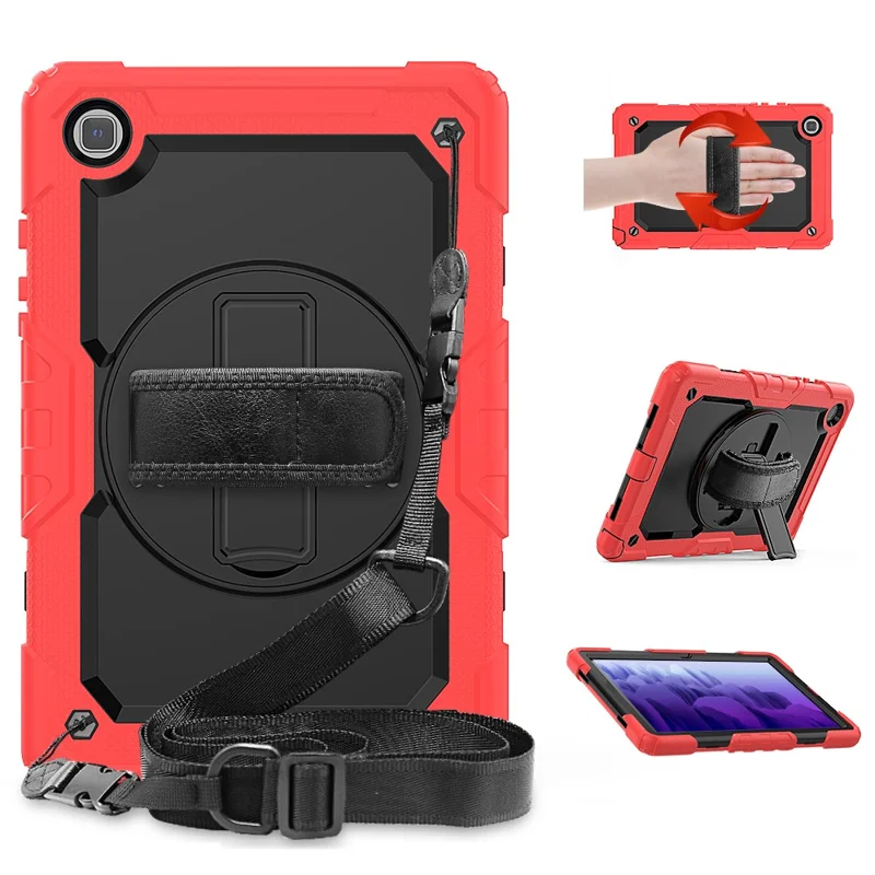 For Samsung Galaxy Tab A7 10.4 (2020) / (2022) 360 Degree Swivel Kickstand Tablet Cover with Shoulder Strap - Red / Black