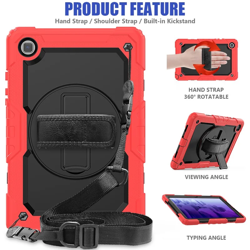 For Samsung Galaxy Tab A7 10.4 (2020) / (2022) 360 Degree Swivel Kickstand Tablet Cover with Shoulder Strap - Red / Black