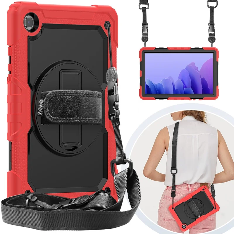 For Samsung Galaxy Tab A7 10.4 (2020) / (2022) 360 Degree Swivel Kickstand Tablet Cover with Shoulder Strap - Red / Black