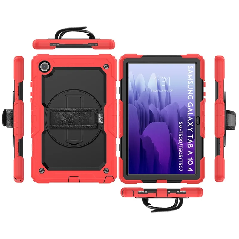 For Samsung Galaxy Tab A7 10.4 (2020) / (2022) 360 Degree Swivel Kickstand Tablet Cover with Shoulder Strap - Red / Black