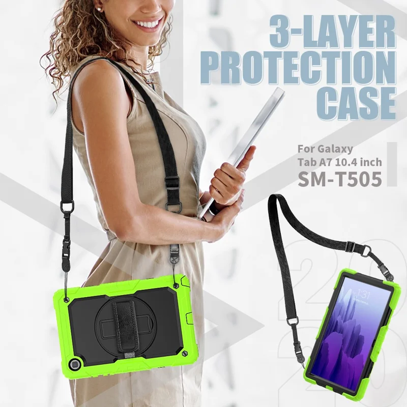 For Samsung Galaxy Tab A7 10.4 (2020) / (2022) 360 Degree Swivel Kickstand Tablet Cover with Shoulder Strap - Green / Black