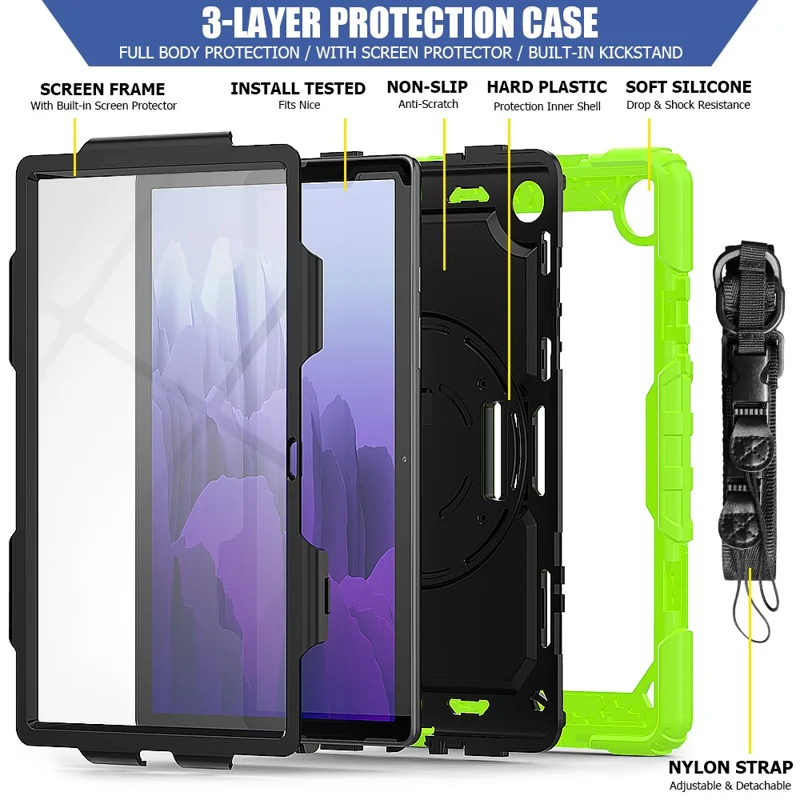For Samsung Galaxy Tab A7 10.4 (2020) / (2022) 360 Degree Swivel Kickstand Tablet Cover with Shoulder Strap - Green / Black